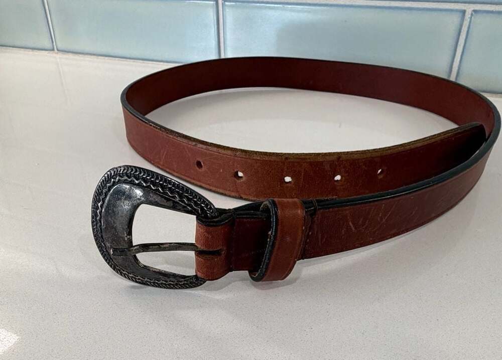 Vintage Western Style Brown Leather Belt with Ornate Silver-Tone Buckle
